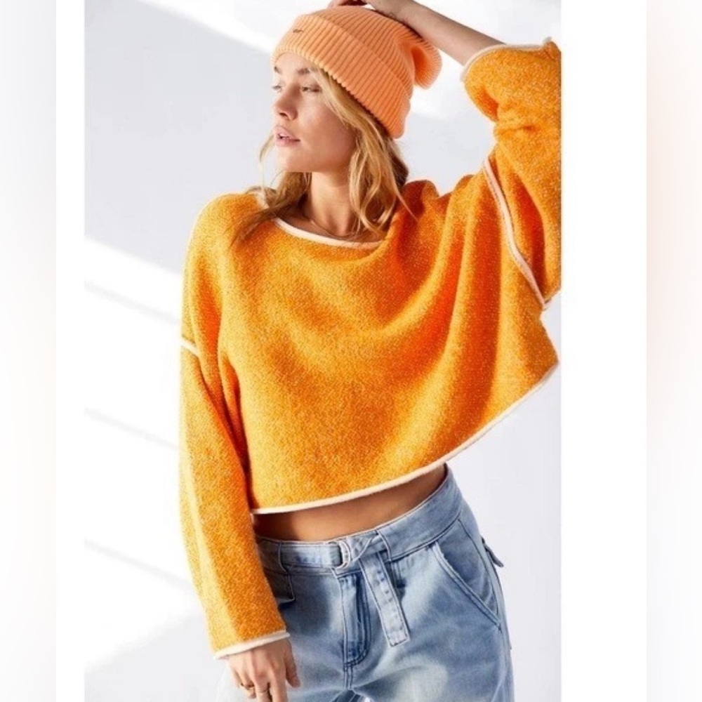 Free People Bardot Cropped Orange Textured Knit Boat Neck Long Sleeve Sweater XS